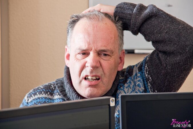Man with a big hairy belly scores brunette colleague who is much younger