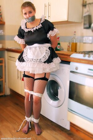 Kissable females in maid uniform are tied up and no one is going to help them