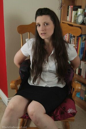 Innocent librarian with chubby body gets tied up to chair by mysterious guy