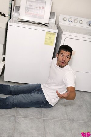 Whore wears no panties so stepbrother catches and scores her in the laundry