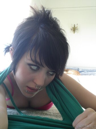 Student with a nose ring is so hot that she goes mad about her own body