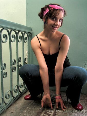 Girl lost her key so she stays in the entryway and strips down by the railing