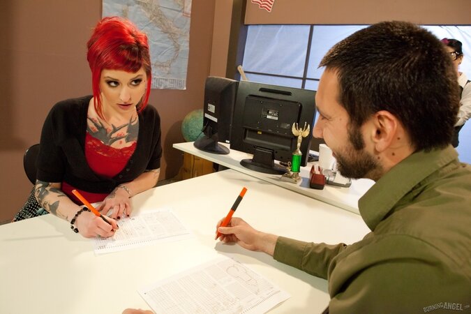 Dirty-minded man fucks a stranger with red hair during the interview