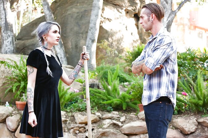 Girl with grey pigtails and tattoos arouses neighbor guy's desire to fuck her