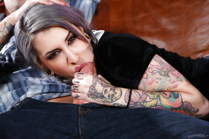 Girl with grey pigtails and tattoos arouses neighbor guy's desire to fuck her