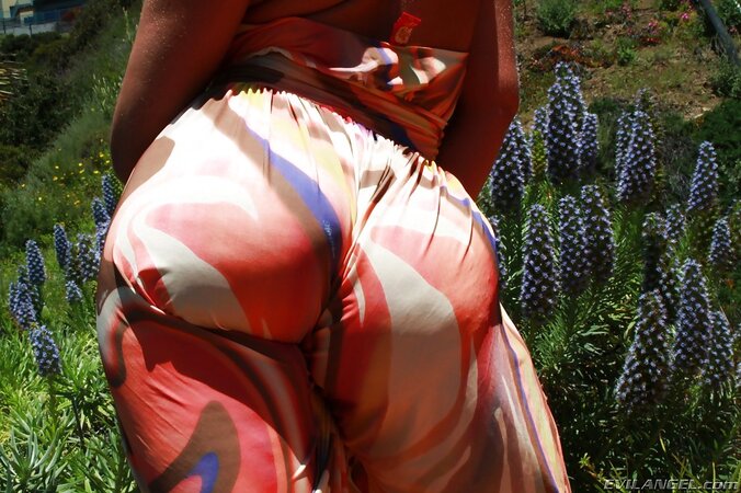 On a hot summer day the hottest brunette bares big fake breasts and huge ass