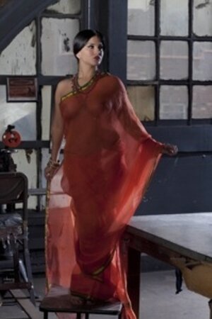 Diva in a transparent red sari fails to hide her big melons with dark nipples