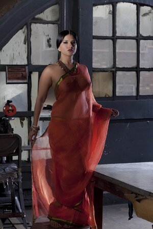 Diva in a transparent red sari fails to hide her big melons with dark nipples