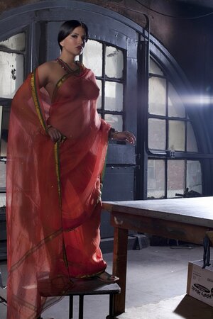 Diva in a transparent red sari fails to hide her big melons with dark nipples