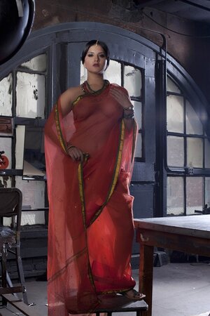 Diva in a transparent red sari fails to hide her big melons with dark nipples