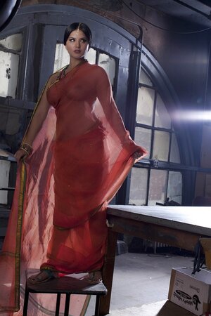 Diva in a transparent red sari fails to hide her big melons with dark nipples