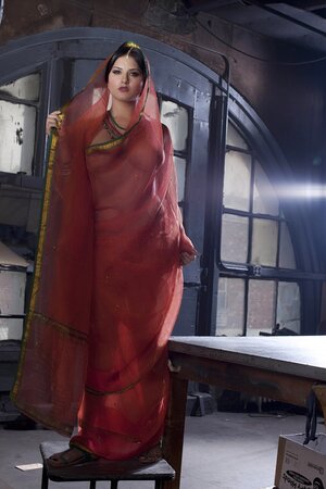 Diva in a transparent red sari fails to hide her big melons with dark nipples