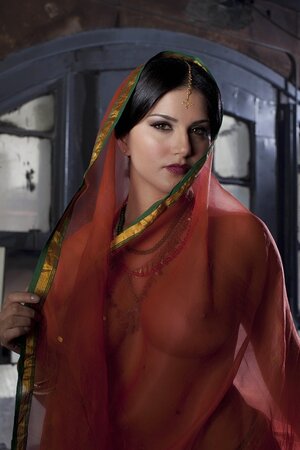 Diva in a transparent red sari fails to hide her big melons with dark nipples