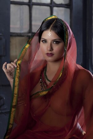 Diva in a transparent red sari fails to hide her big melons with dark nipples