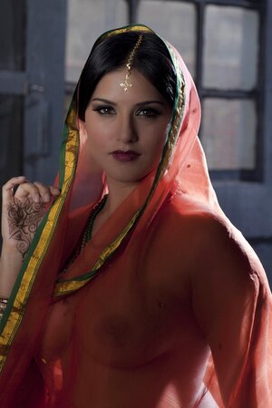Diva in a transparent red sari fails to hide her big melons with dark nipples