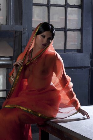 Diva in a transparent red sari fails to hide her big melons with dark nipples
