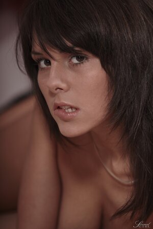 Modest brunette with perky tits shows her sweet snatch on the camera