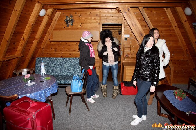 Four girlfriends flash tits in the snow and play kinky sex games in the cabin