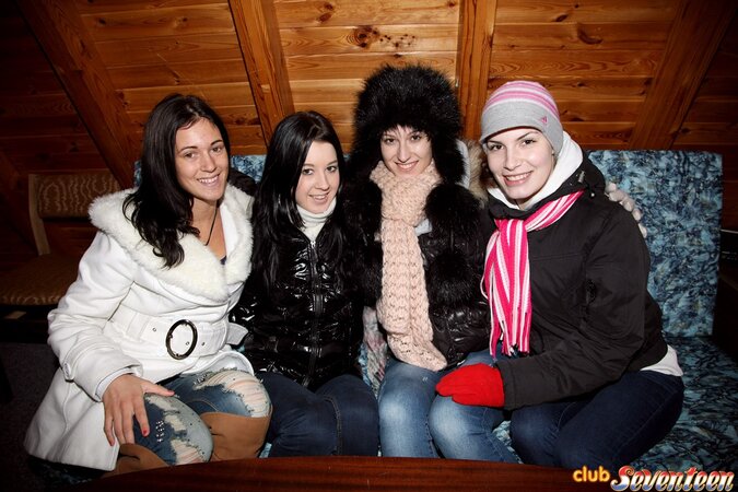 Four girlfriends flash tits in the snow and play kinky sex games in the cabin