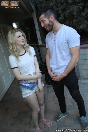 White bitch gets screwed by a crowd of black studs in front of the cuckold dude