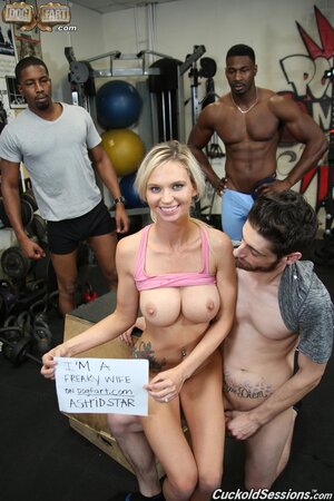 Freaky wife comes to the gym to fuck two black hunks for her hubby to watch
