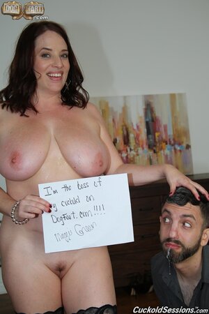 Bossy wife with huge tits makes cuckold hubby lick cum after her taking two BBCs