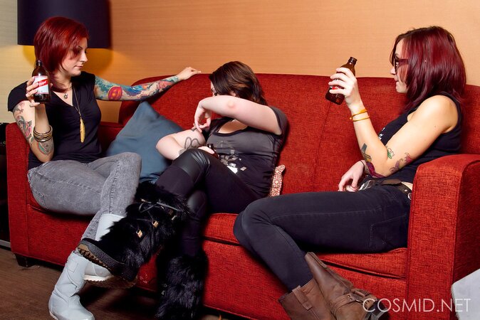 Three best friends get drunk and demonstrate their naked tattooed bodies