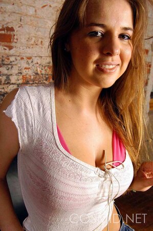Elated amateur belle with massive tits takes off tiny jean shorts to show her ass