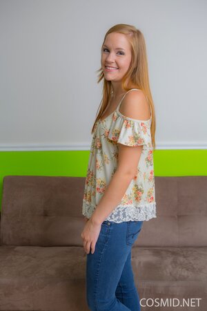 Slim hottie peels off tight jeans and blouse to reveal her tiny breasts