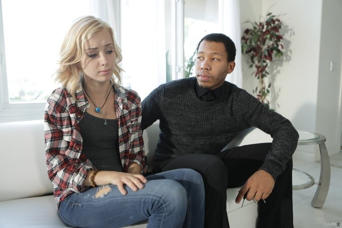 Chick is drilled by black boy and she sticks tongue out when the man cums