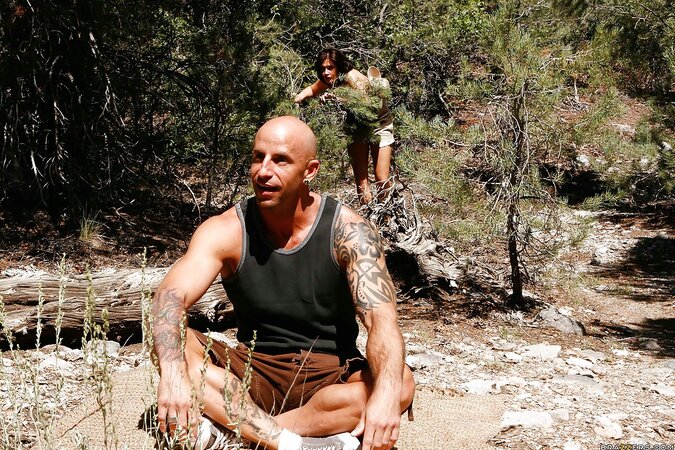 Girl notices a bald man in the forest and takes his penis in both holes