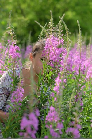 Young babe with a ponytail walks in the field and exposes private parts