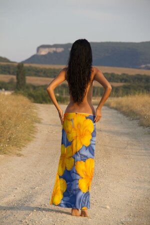 Bodacious teen gal playfully takes off skirt and poses naked on the country road