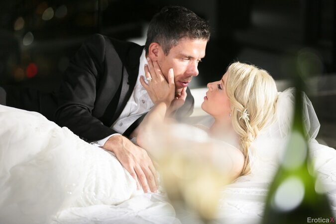 Excited husband and blonde wife have sex after the wedding ceremony is finished