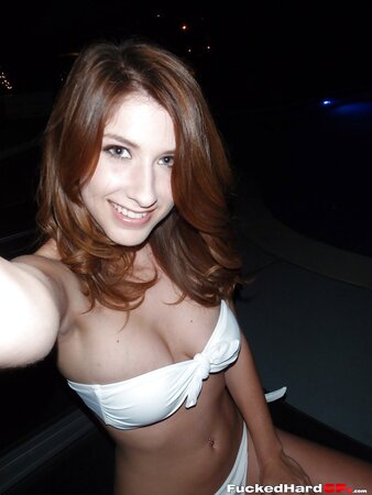 Adorable brunette hottie flashes her yummy tits and pussy in the night