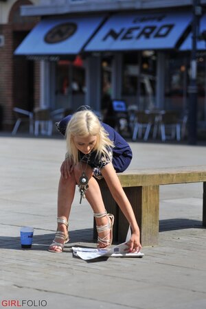 Enticing slim blonde gets horny outdoors and takes off dress when comes home