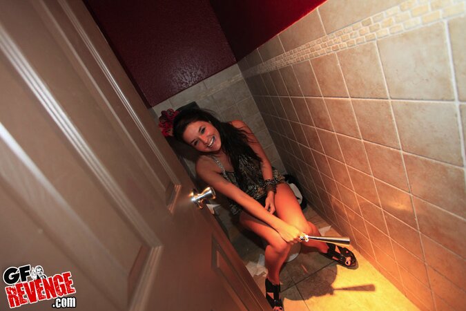 Lesbian bitches get drunk and lick each other's twats in public toilet