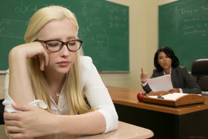 Filthy lesbian teacher disciplines hot schoolgirl and sticks dildo into her ass
