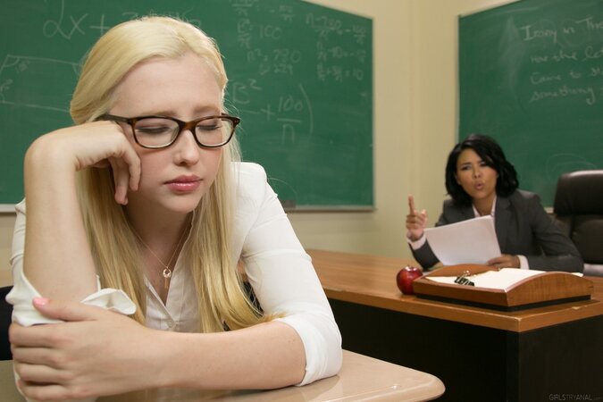 Filthy lesbian teacher disciplines hot schoolgirl and sticks dildo into her ass