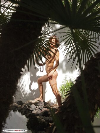 Petite lassie reveals small tits and hairy coochie while wandering around villa