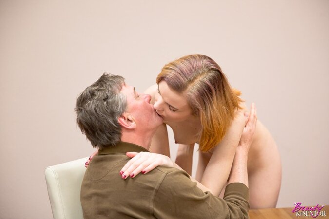 Young lassie kisses her old lover before giving blowjob and riding his cock