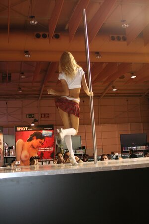 Seductive stripper knows how to turn crowd on with erotic pole dance