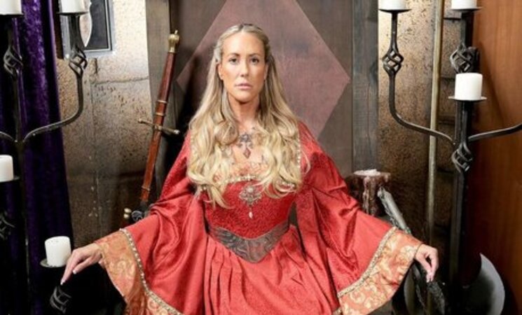 Hot blonde queen teases with her huge natural breasts when taking dress off