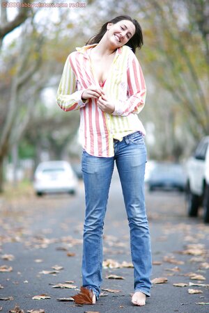 Leggy and tall looking brunette Barbamiska strips while in public