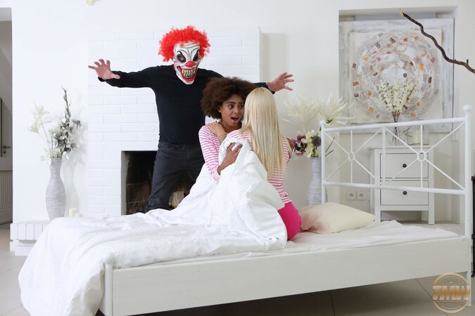Spooky sex scene with two perfect girls that will screw a clown