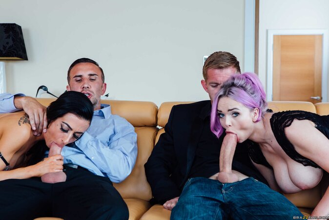 Jasmine James and Skyler Mckay having a foursome with two big cocks