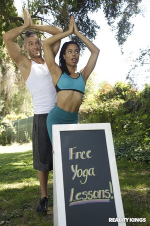 Ebony teen doing yoga exercises before getting her tights ripped