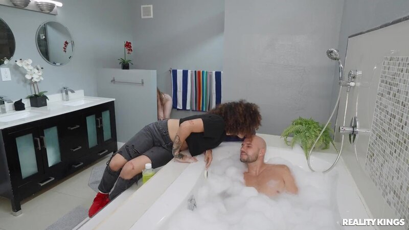 Sneaky bathroom sex between a bald dude and a slutty teen