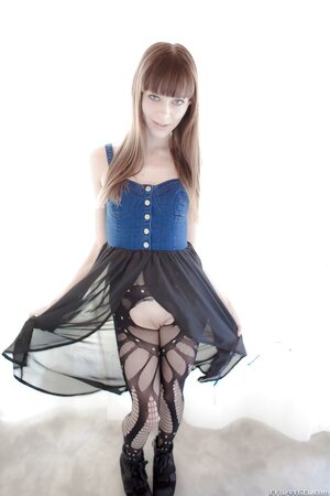 Small-tittied teen gets naked deleting blue sundress and black stockings