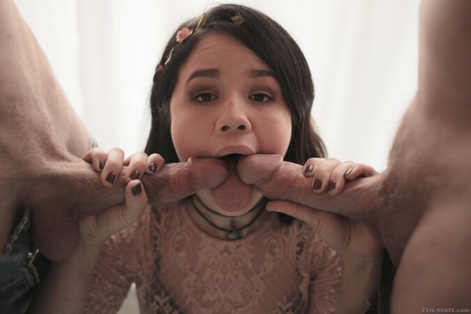 Babe with black hair liked men's idea of tough theatrical threesome oral bonking